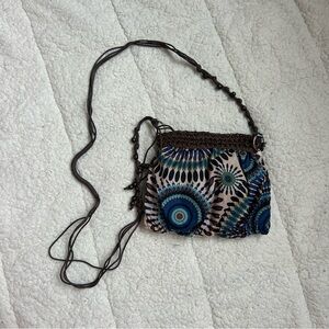 Blue and Brown Crossbody Bag with Circular Pattern